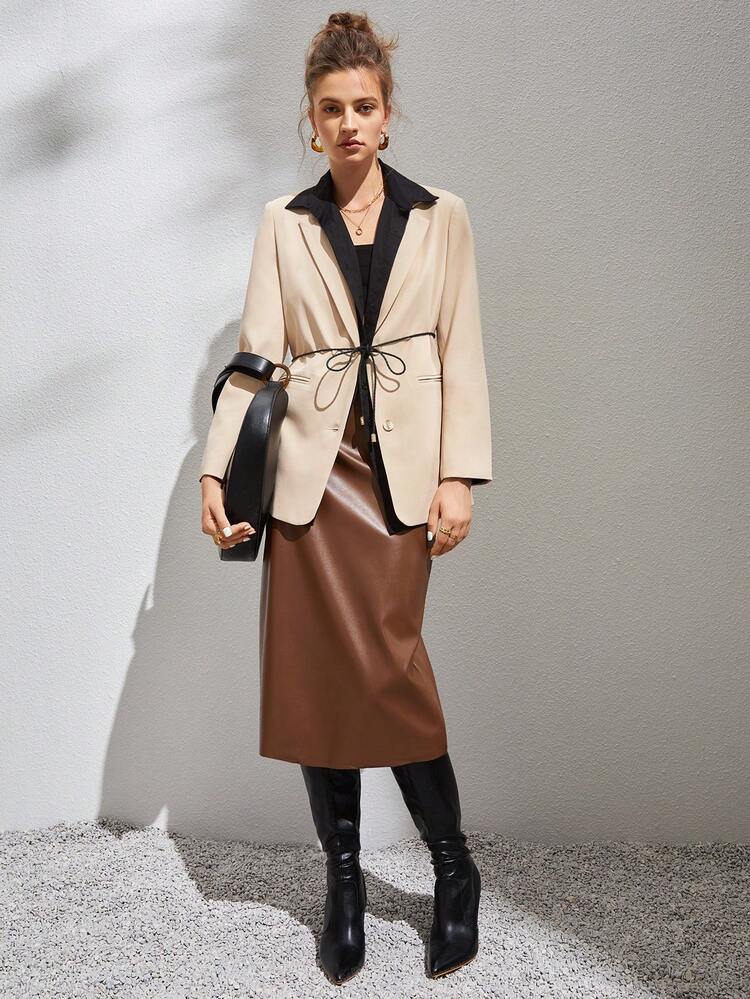 Contrast Collar Belted Blazer