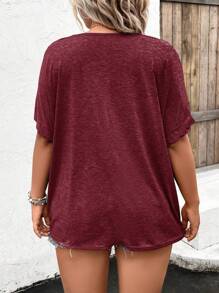 SHEIN LUNE Plus Button Front Batwing Sleeve Tee - Burgundy - View 2