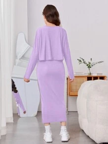 少女(大尺寸)優雅休閒紫色長袖T恤和V領背心裙2件式套裝 - 淡紫色 - 查看 2