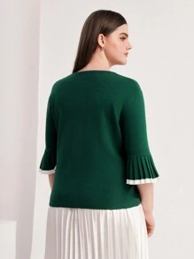 Mulvari 大碼拼接邊針織上衣 - 墨綠色 - 查看 2