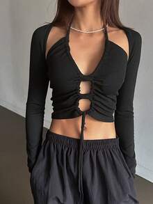 DAZY Drawstring Front Crop Halter Top & Bolero - Black - View 7