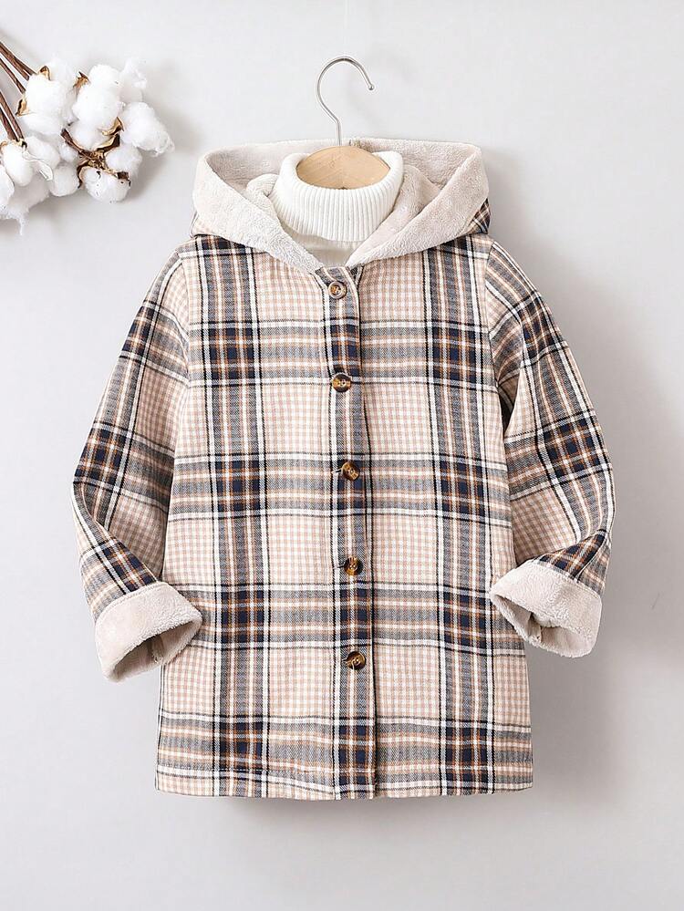 Young Boy Plaid Print Hooded Thermal Lined Button Front Coat Without Sweater