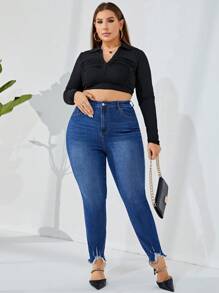 SHEIN LUNE 加高腰毛邊緊身牛仔褲 - 藍色 - 查看 1