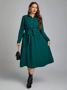 SHEIN Clasi Plus Solid Belted Shirt Dress - Green - View 4