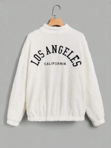 SHEIN EZwear 1 Miếng Thêu Chữ Thả vai Áo Teddy Jackets - trắng - Xem 1