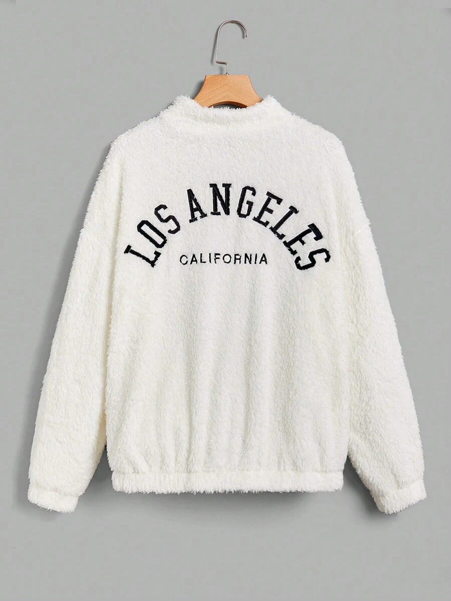 SHEIN EZwear 1 Miếng Thêu Chữ Thả vai Áo Teddy Jackets - trắng - Xem 1