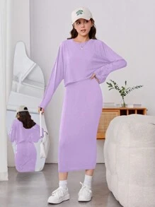 少女(大尺寸)優雅休閒紫色長袖T恤和V領背心裙2件式套裝 - 淡紫色 - 查看 6