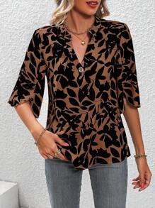 SHEIN LUNE Allover Leaf Print Notched Neckline Blouse - Rust Brown - View 6