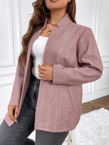 SHEIN Frenchy Plus Herringbone Print Open Front Overcoat - Redwood - View 3