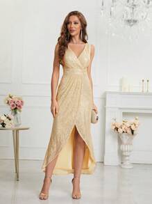 Sequin Wrap Dress, Elegant Cocktail Party Dress, Suitable For Wedding Guest, Formal Occasion, Birthday, Graduation, Dinner, Homecoming, Bridal Gown - Gold - View 4
