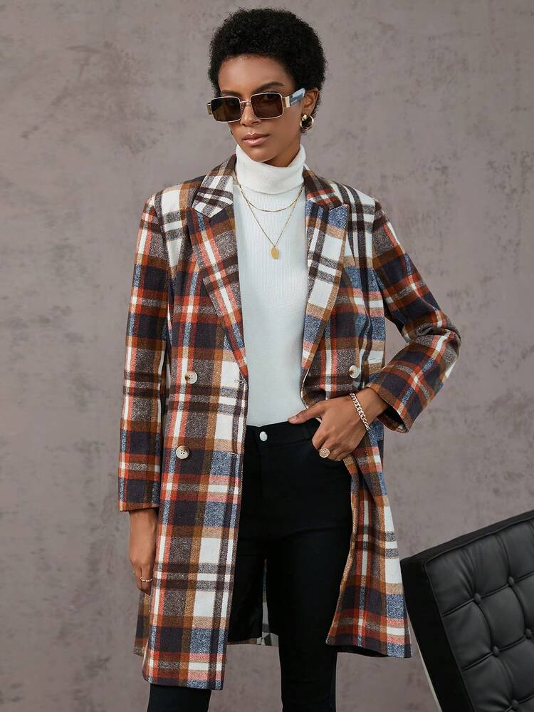 Plaid Double Breasted Overcoat Fall Cloth For Women