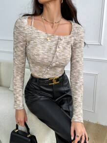 SHEIN Essnce Space Dye Asymmetrical Neck Crop Tee - Multicolor - View 1