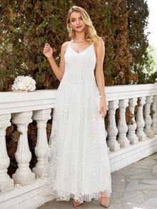 Split Thigh Lace Cami Bridal Dress - White - View 3
