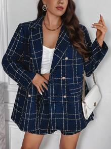 Vionelle Plus Plaid Double Breasted Blazer & Shorts Graduation,Back To School,Teacher Outfits For Women Fall Cloth For Women - Navy Blue - View 3