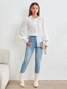 SHEIN Privé Chất rắn Nút phía trước Áo sơ mi - trắng - Xem 4