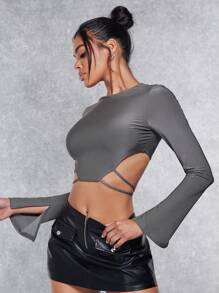 SHEIN BAE 後綁帶開衩袖短款T恤 - 鏽棕色 - 查看 5