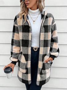 SHEIN LUNE Buffalo Plaid Pattern Drop Shoulder Hooded Flannel Coat In Fall/Winter - Brown - View 1