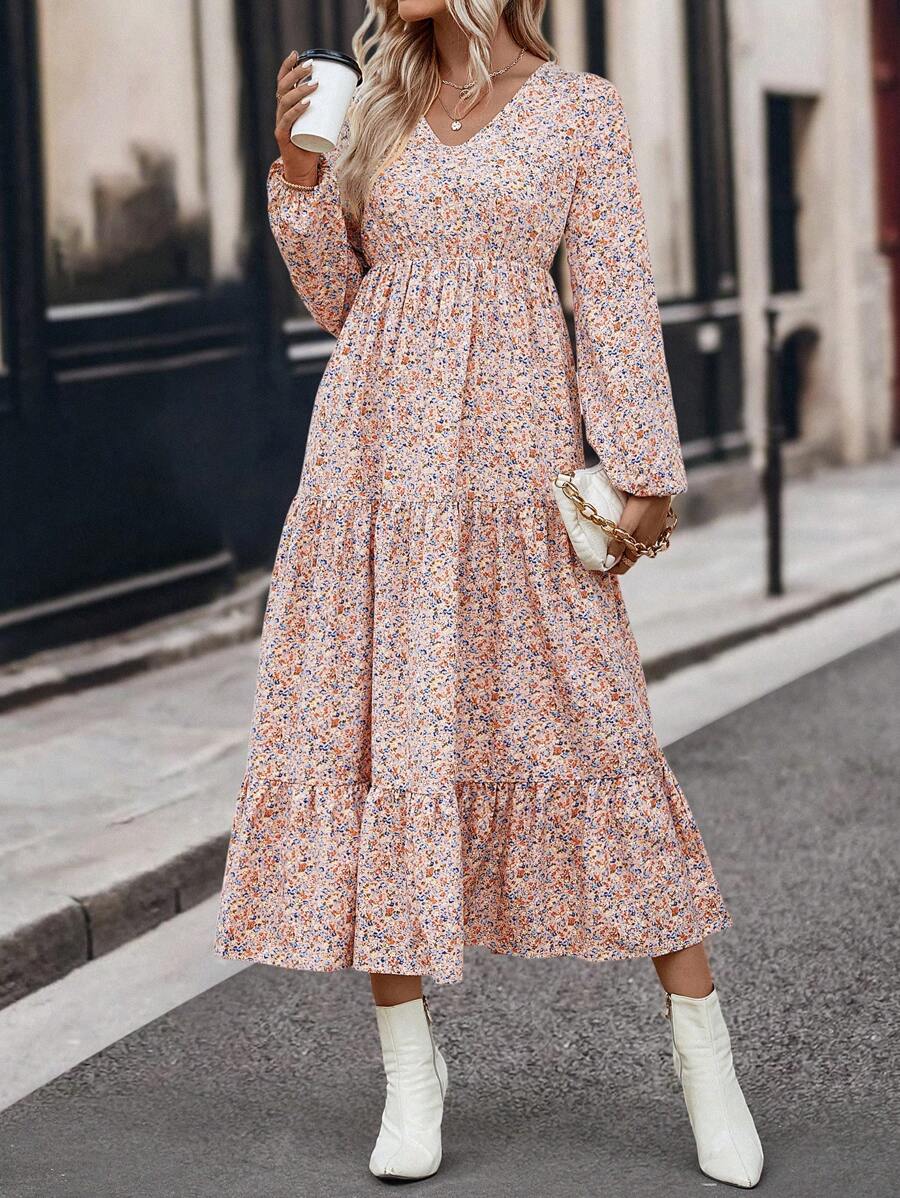 SHEIN LUNE Ditsy Floral Print Lantern Sleeve Ruffle Hem Dress - Pink - View 1