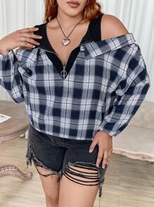 SHEIN CURVE+ 大碼格紋印花落肩袖假兩件襯衫 - 藍白色 - 查看 1