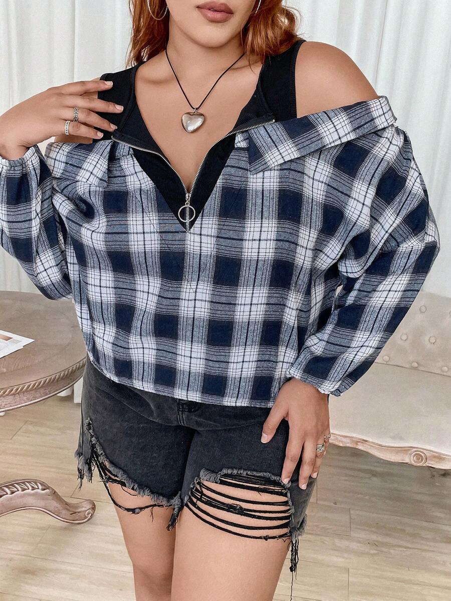 SHEIN CURVE+ 大碼格紋印花落肩袖假兩件襯衫 - 藍白色 - 查看 1
