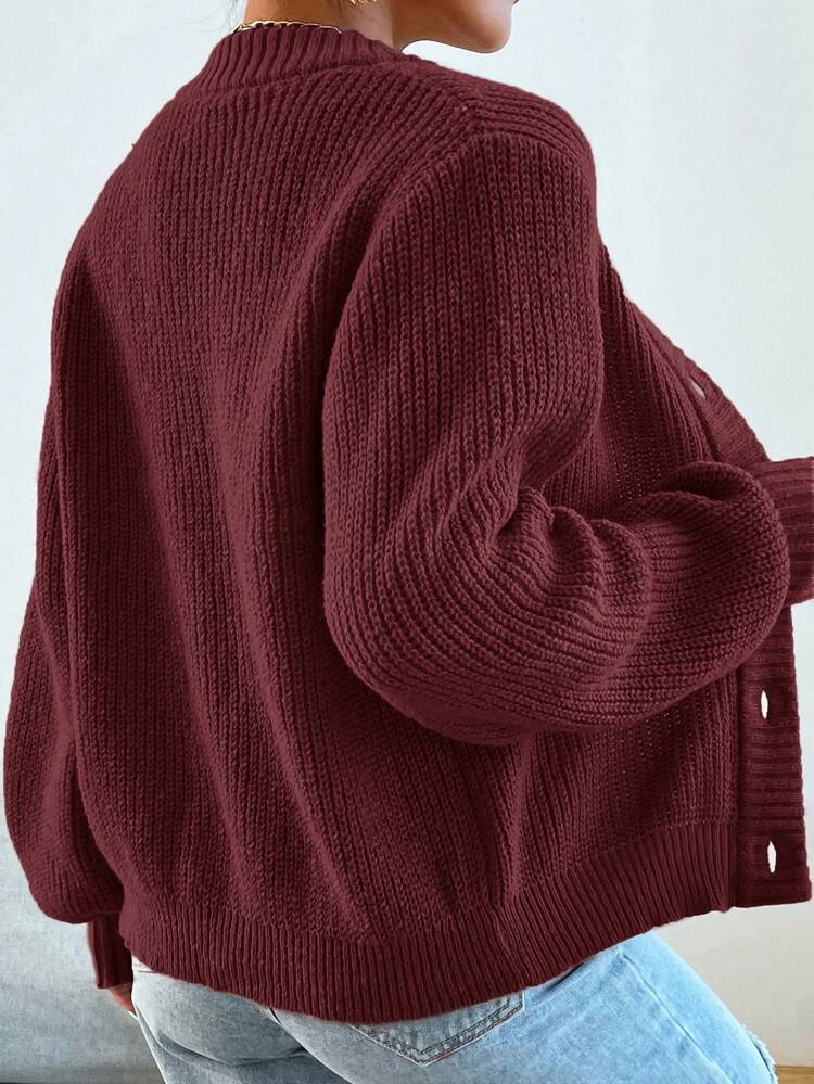 Burgundy Red Solid Button Front Cardigan Fall Winter Cloth For Women