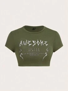 SHEIN ICON 標語圖案短款T恤 - 軍綠色 - 查看 1