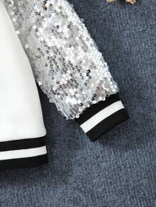 SHEIN Young Girl Letter & Cherry Print Striped Trim Contrast Sequin Zip Up Varsity Jacket - Multicolor - View 5