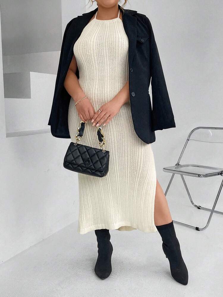 Plus Solid Ribbed Knit Sweater Dress