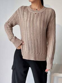 SHEIN Unity 纯色破洞开衩下摆针织套头衫，适合秋冬季穿着 - 棕色 - 查看 3