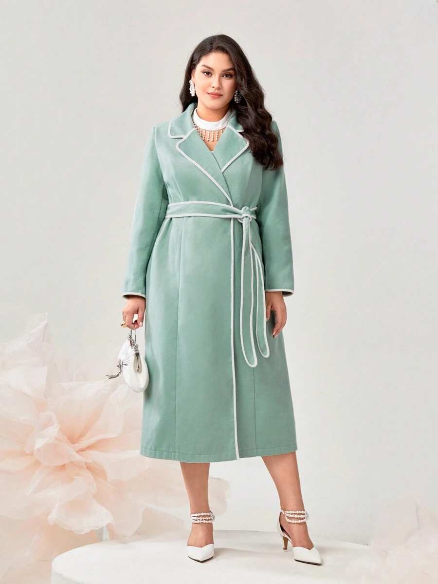 Modelyn Plus Contrast Binding Belted Overcoat - Mint Green - View 1