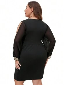 Plus Split Sleeve Wrap Hem Dress - Black - View 2