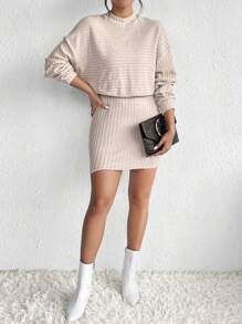 SHEIN Frenchy Mock Neck Drop Shoulder Ribbed Knit Bodycon Dress - Apricot - View 5