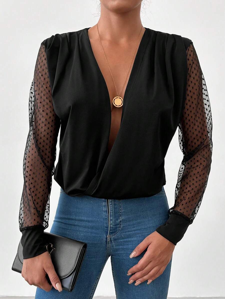 EURMUSE Contrast Dobby Mesh Sleeve Plunging Neck Blouse - Black - View 1