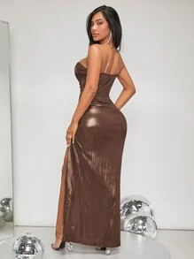 SHEIN SXY Split Thigh Metallic Cami Dress - Khaki - View 2