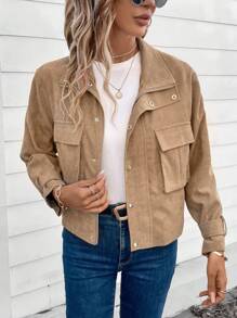 SHEIN LUNE Flap Pocket Corduroy Jacket - Khaki - View 1