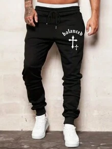 Manfinity Men Plus Cross & Letter Graphic Drawstring Waist Sweatpants - Black - View 1