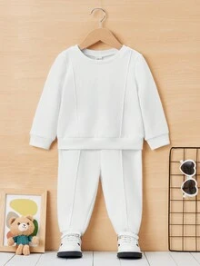 SHEIN 男嬰素色衛衣和衛褲 - 白色 - 查看 8