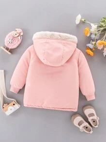 SHEIN Young Girl 1pc Flap Pocket Teddy Lined Hooded Padded Coat - Pink - View 2