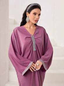 Al Najma Contrast Trim Batwing Sleeve Kaftan - Pink - View 3