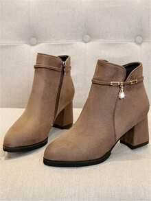 女士絨面側拉鍊鑲鑽裝飾時髦短靴,冬季新款復古高跟踝靴 - 咖啡棕 - 查看 4