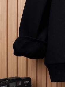 SHEIN 2pcs Tween Boy Casual Cat Letter Print Thick Hoodie Sweatshirt And Solid Color Knit Pants Set - Black - View 4