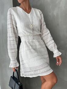 Cottnline Flare Sleeve Shirred Waist Dress - White - View 3