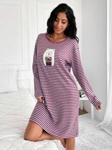 EURMUSE Striped & Cartoon Flocking Drop Shoulder Nightdress - Purple - View 5