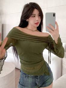 DAZY 优雅通勤纯色露肩喇叭袖T恤长袖上衣 - 綠色 - 查看 9