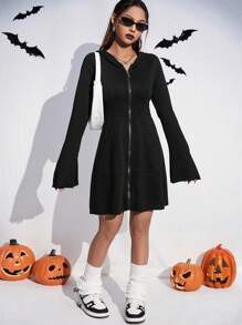 SHEIN EZwear Flounce Sleeve Zip Up Hooded Dress - Black - View 5