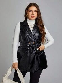 SHEIN Clasi 大碼雙排扣束帶 PU 皮革背心外套 - 棕色 - 查看 1