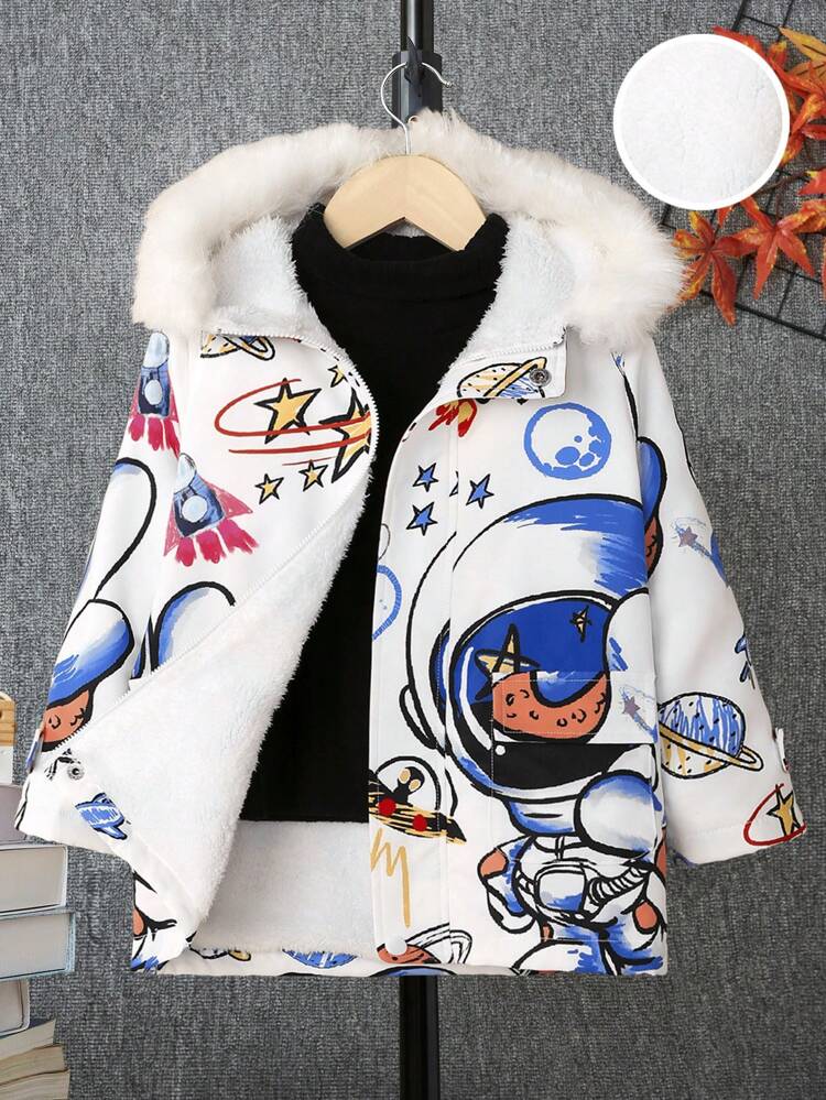 Kleine Jungen Lässig süße Astronaut Cartoon Muster Cord Innenfutter Thermik Kapuzen Wärme Jacke mit hohem Kragen