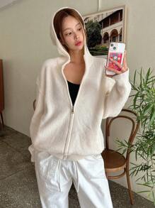 DAZY Drop Shoulder Zip Up Hooded Cardigan,Long Sleeve Tops Jacket