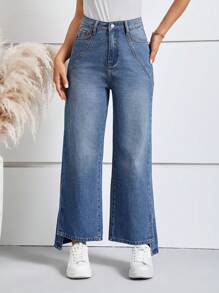 SHEIN LUNE Jeans de talle alto bajo con abertura de pierna ancha