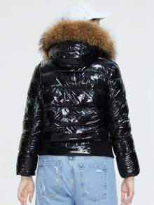 Astrid Plus Size Fuzzy Trim Hooded Padded Coat - Black - View 2